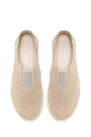 Woman Beige Stone-Embellished Suede Comfort Shoes | Derimod
