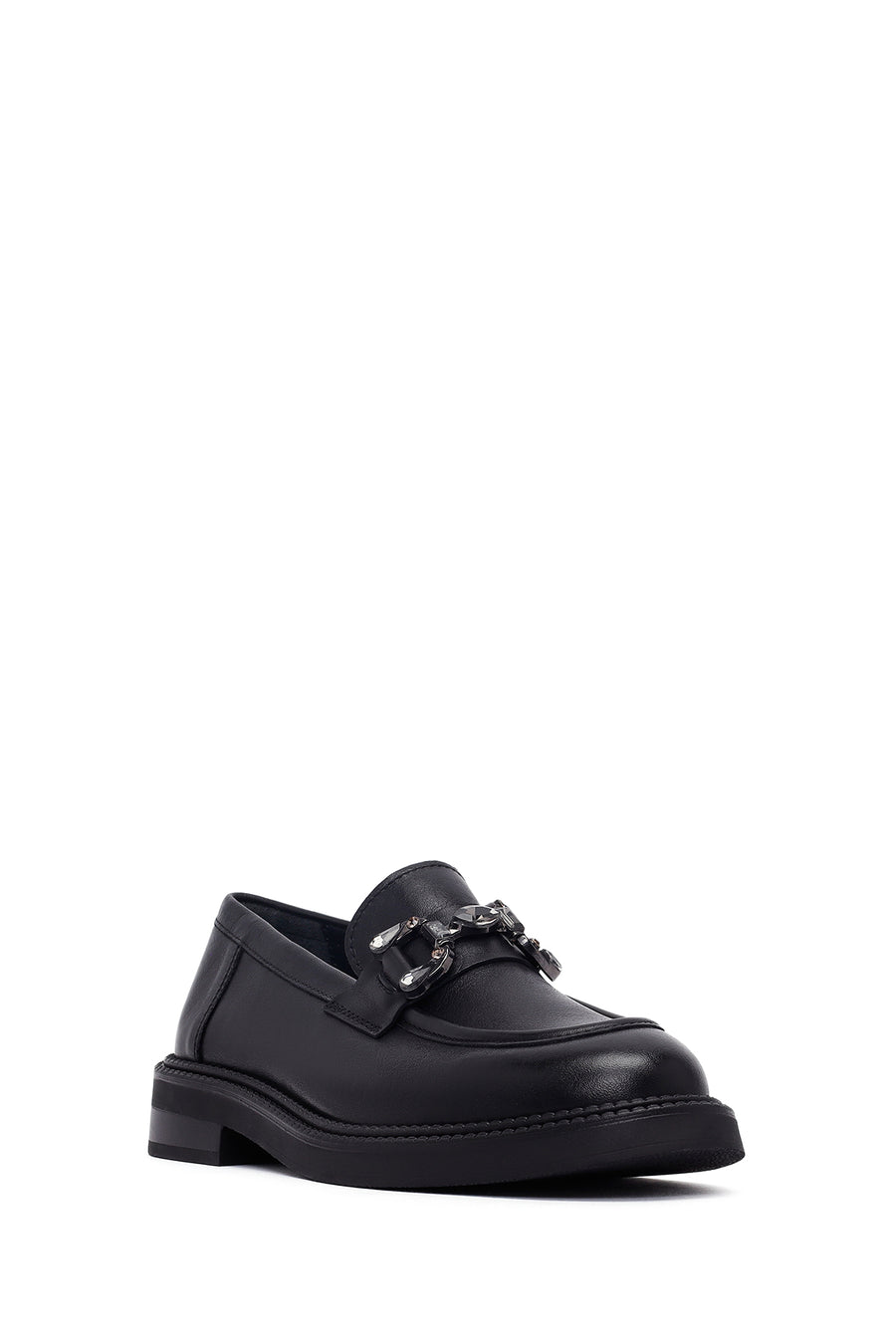 Woman Black Buckled Leather Masculine Loafer