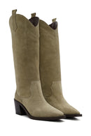 Women's Beige Chunky Heel Suede Leather Cowboy Boots | Derimod