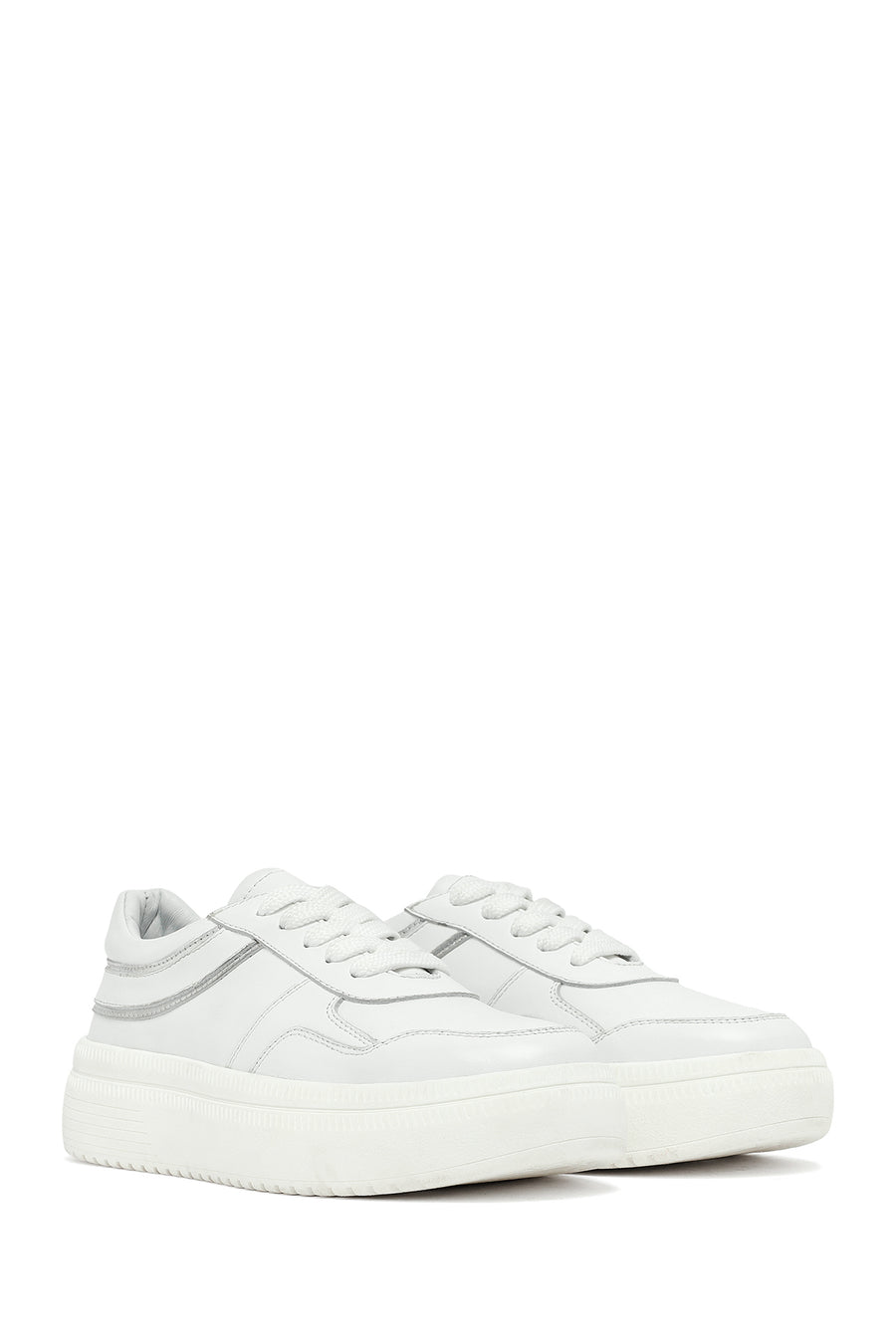 Woman White Laced Thick Sole Leather Sneakers