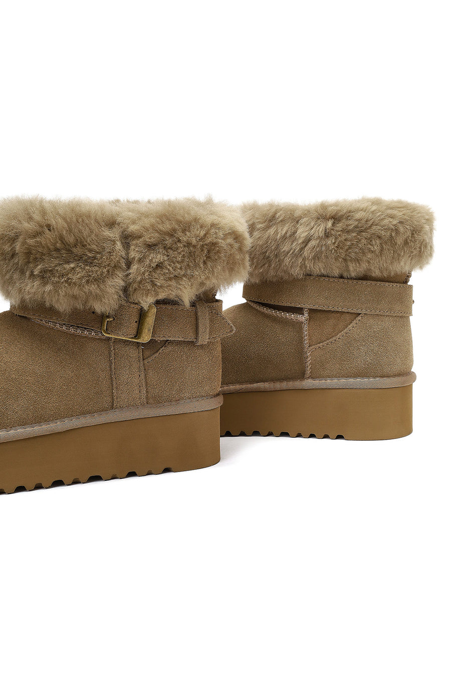 Women's Beige Thick-Soled Fur Detailed Suede Leather Teddy Boot