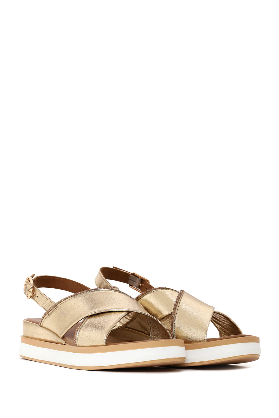 Woman Gold Filled Heeled Metallic Leather Sandal
