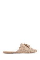 Women's Beige Suede Leather Knitted Flat Slippers | Derimod