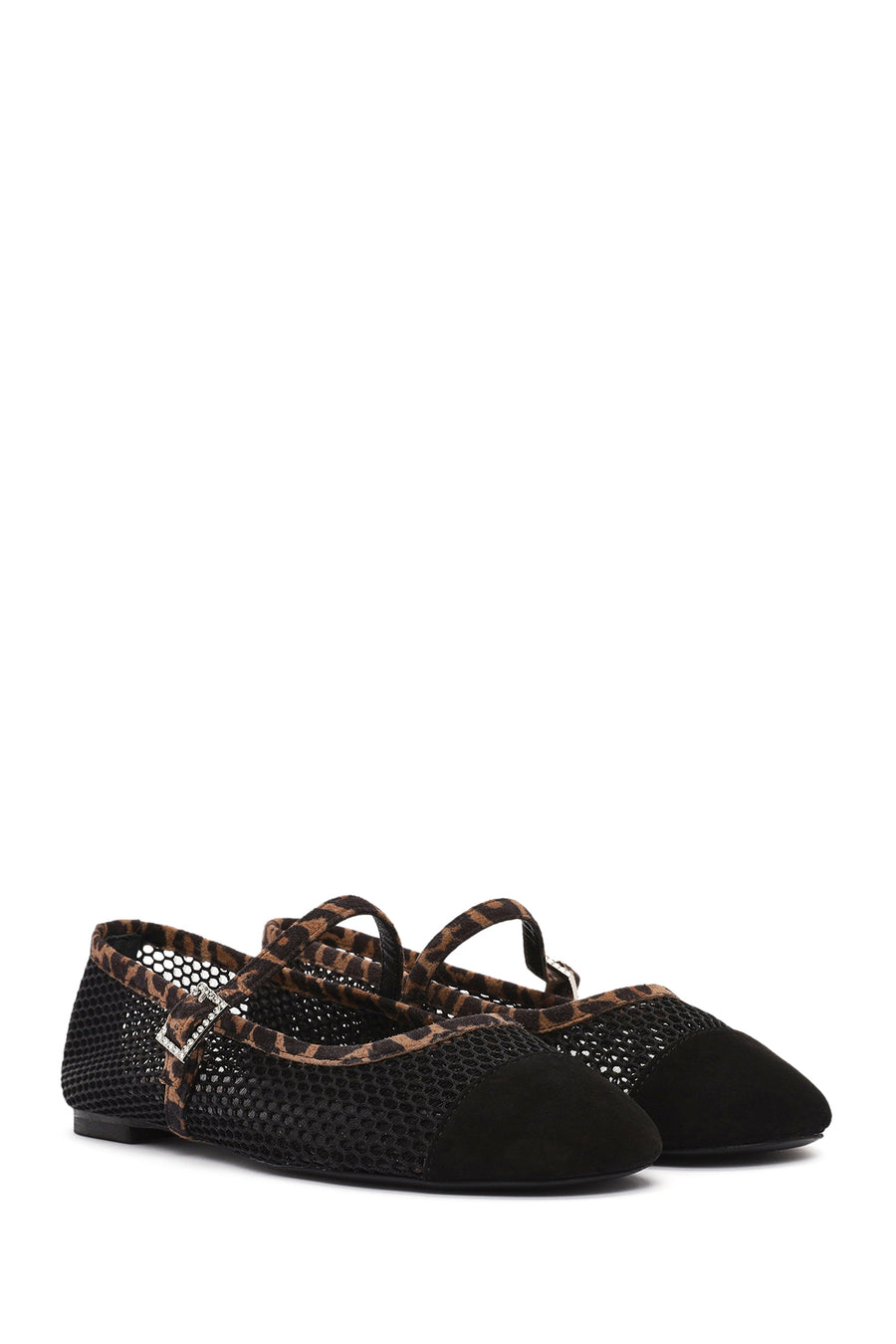 Women's Black Leopard Patterned Buckled Mesh Leather Ballerinas