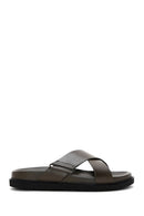 Men's Khaki Leather Slippers | Derimod