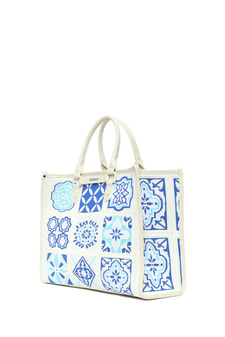 Woman Blue Long Strap Patterned Fabric Shoulder Bag