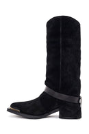 Woman Black Thick-Heeled Suede Leather Cowboy Boots | Derimod