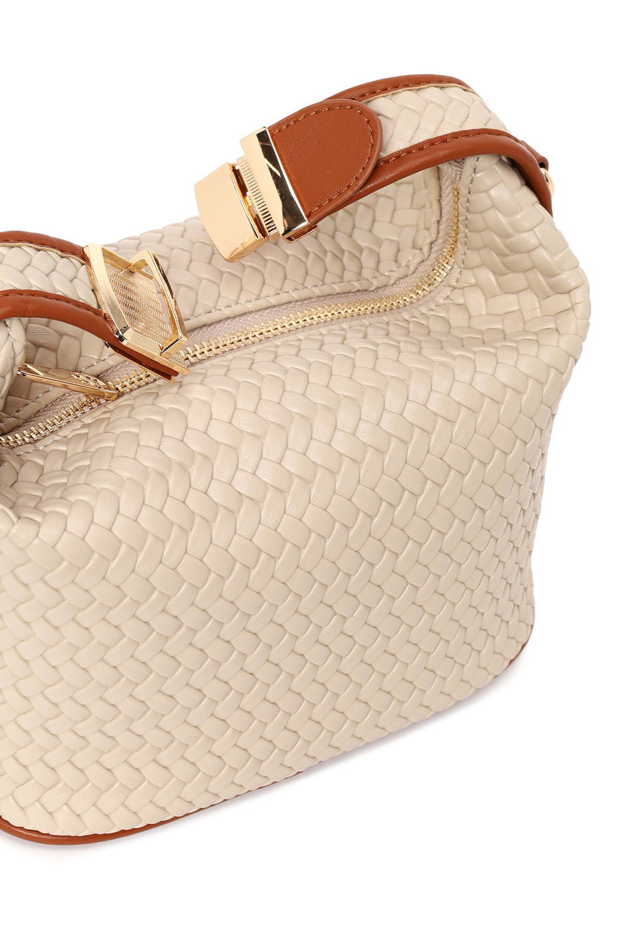 Woman Beige Long-Strap Knitted Shoulder Bag
