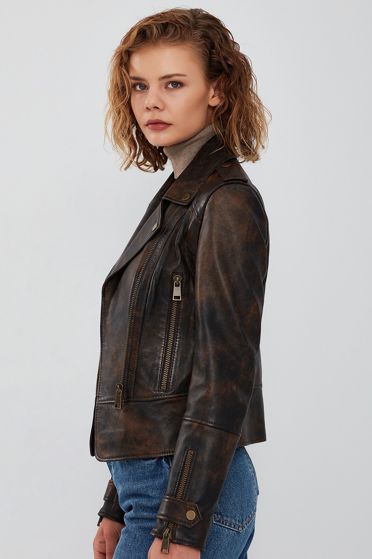 Newyork Kadın Kahverengi Vintage Deri Ceket