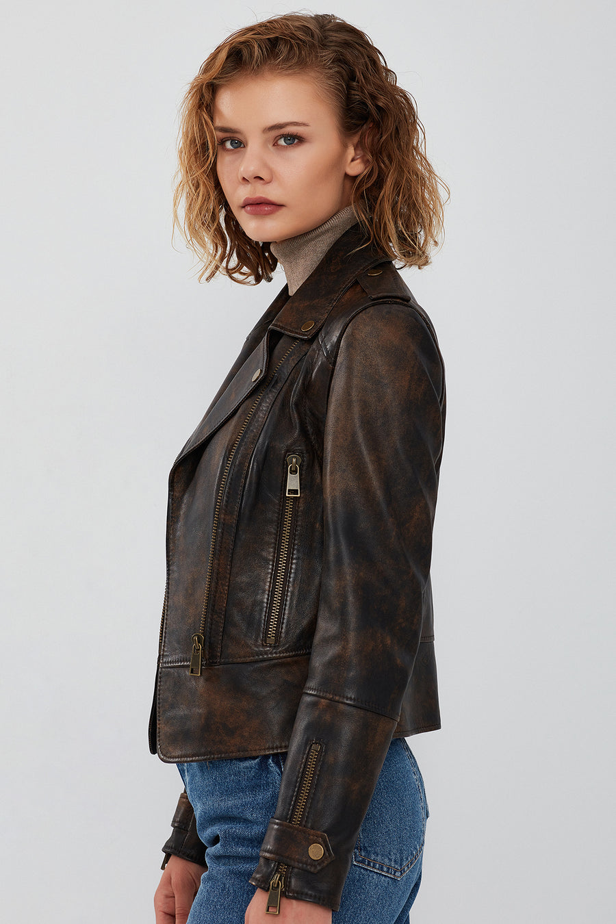Newyork Kadın Kahverengi Vintage Biker Deri Ceket