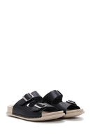 Women's Black Double Buckle Leather Comfort Slippers | Derimod