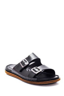Men's Black Leather Double Buckle Slippers | Derimod