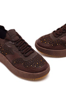 Derimod Zero Women's Brown Lace-up Thick Sole Rhinestone Fabric Sneaker | Derimod