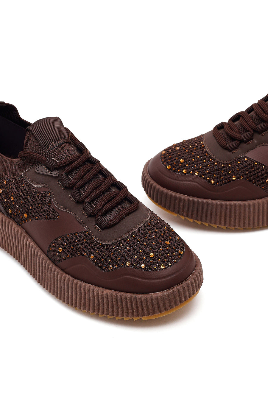 Derimod Zero Women's Brown Lace-up Thick Sole Rhinestone Fabric Sneaker