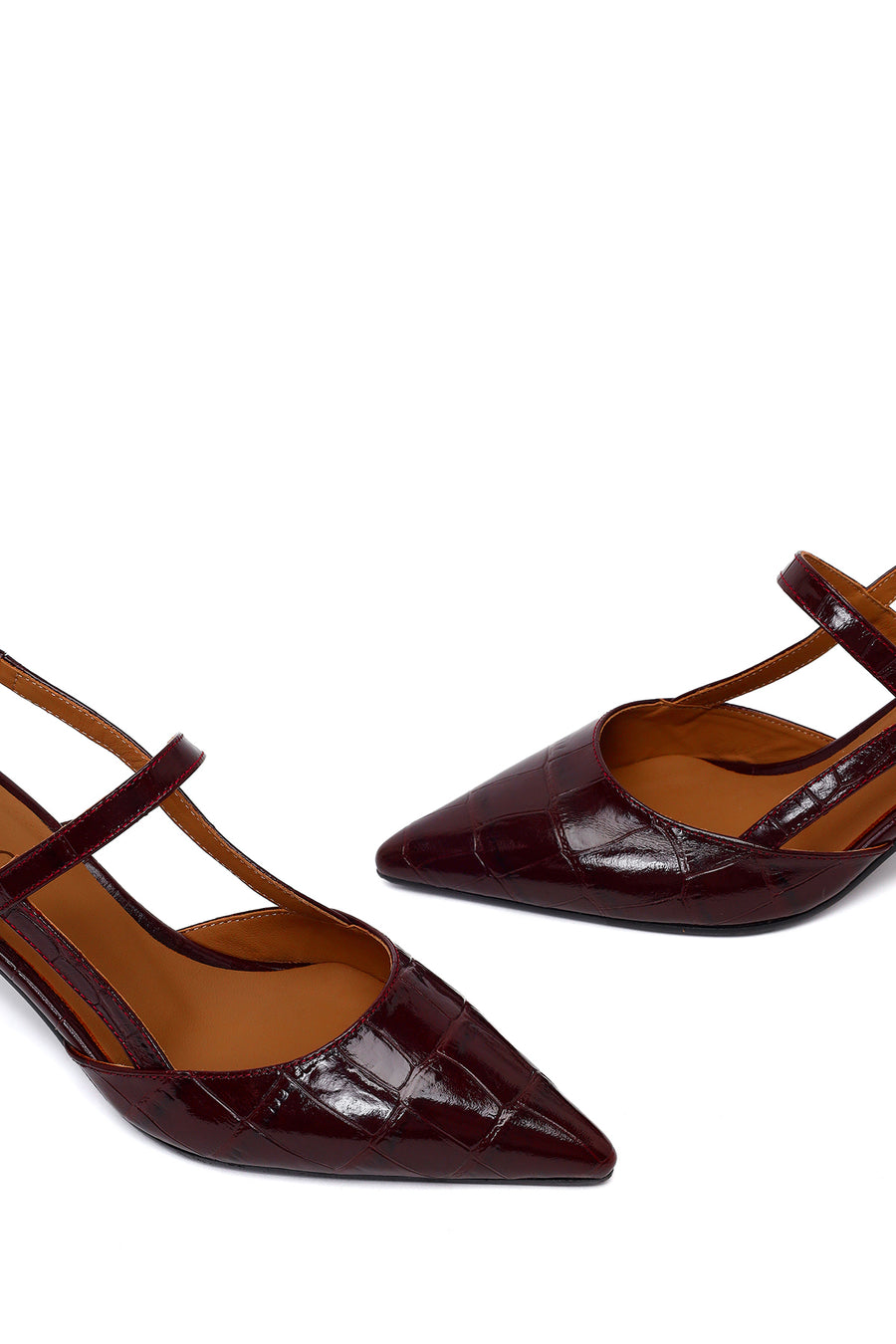 Woman Burgundy Backless Thin-Heeled Croc-Embossed Leather Shoes