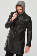 Dias Men's Black Hooded Long Leather Jacket | Derimod