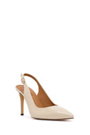 Women's Cream-Colored, Open-Back, Thin-Heeled Patent Leather Shoes with Ankle Buckle | Derimod