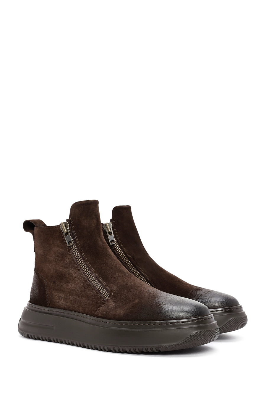 Men's Brown Double Zipper Suede Leather Casual Boots
