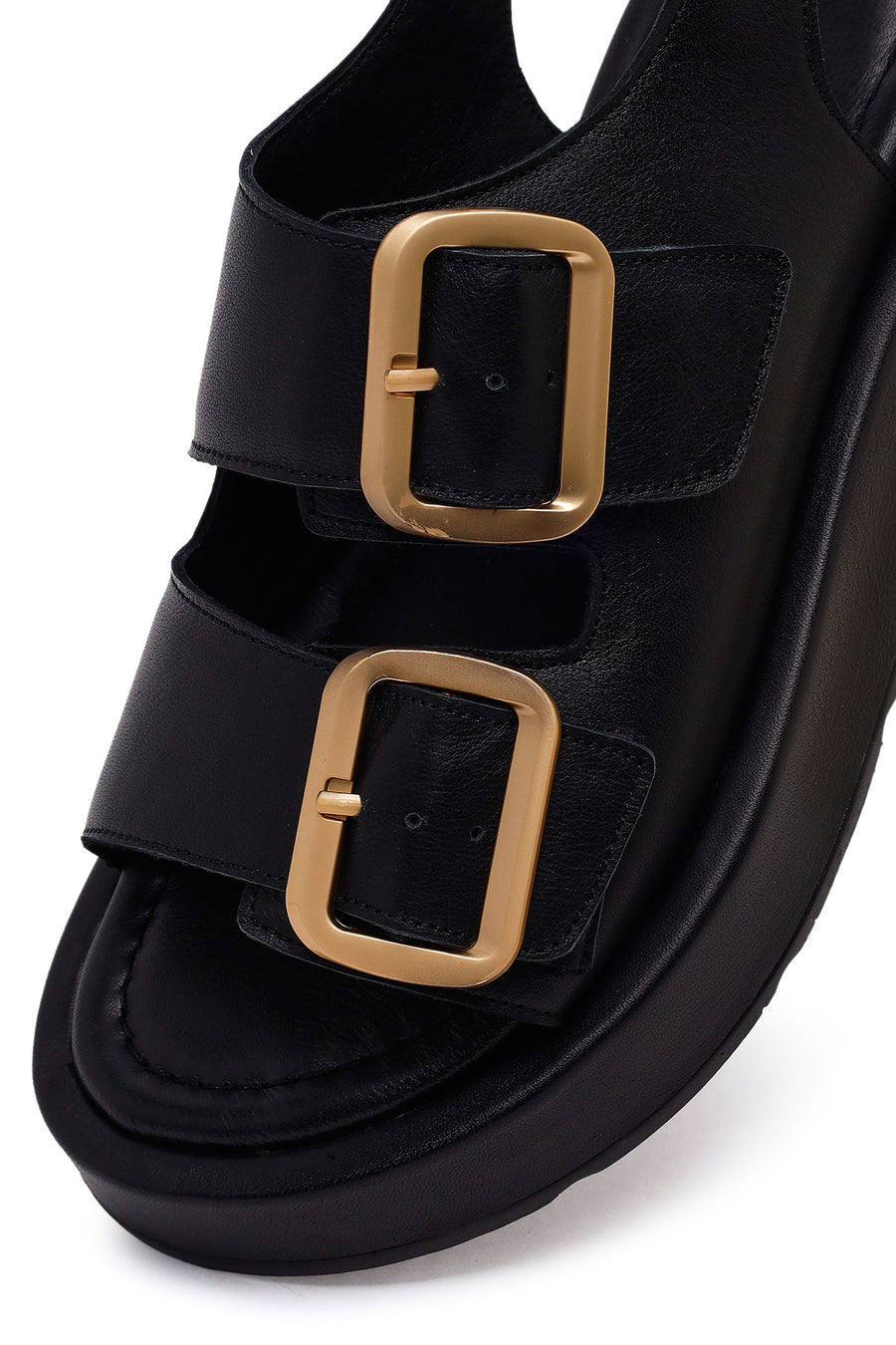 Woman Black Double-Buckle Thick-Soled Leather Comfort Sandals