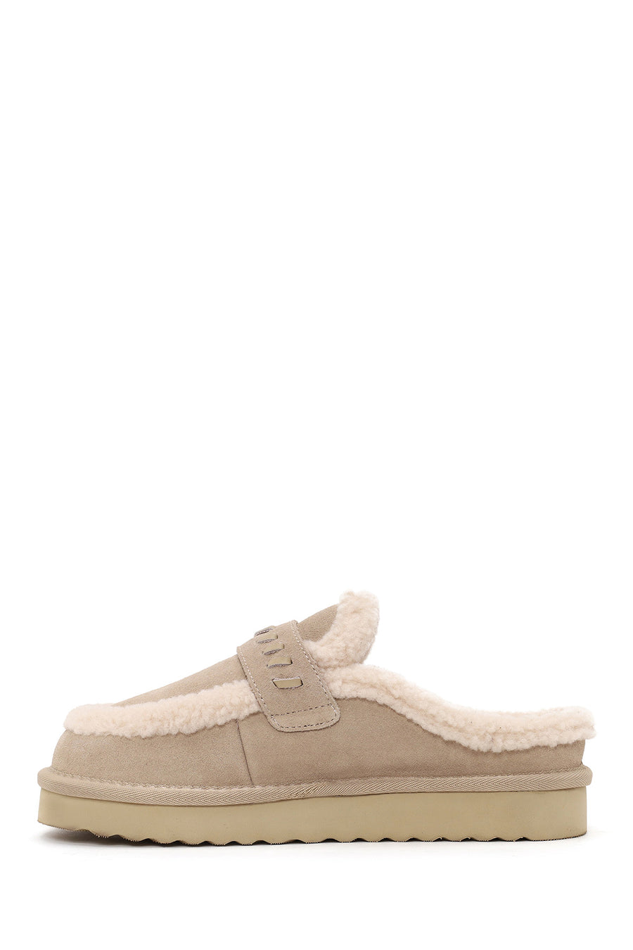 Woman Beige Thick-Soled Fur-Lined Suede Teddy Slipper