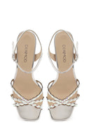 Woman Silver Ankle-Strap Buckled Embellished Chunky-Heel Sandal | Derimod