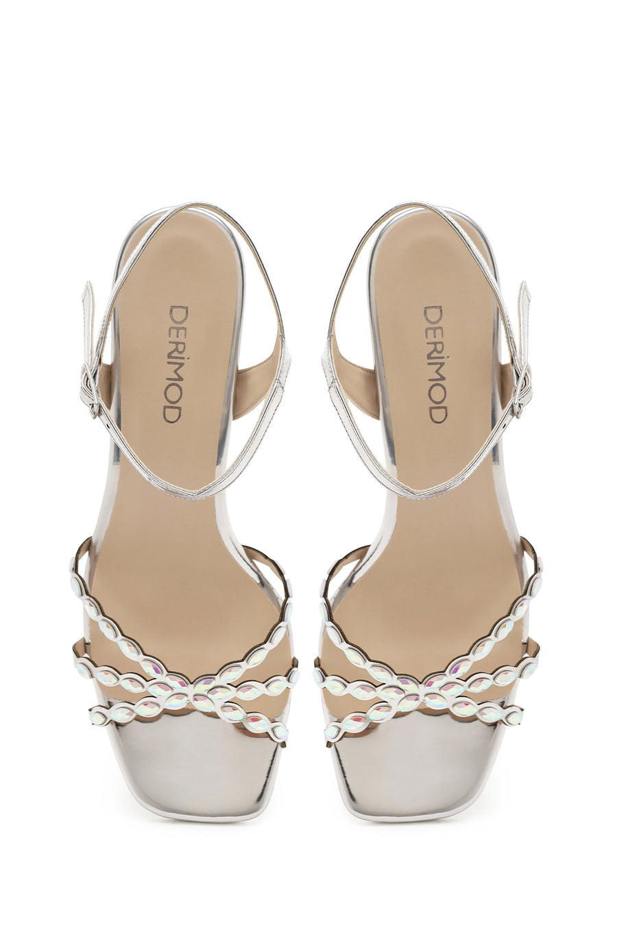 Woman Silver Ankle-Strap Buckled Embellished Chunky-Heel Sandal