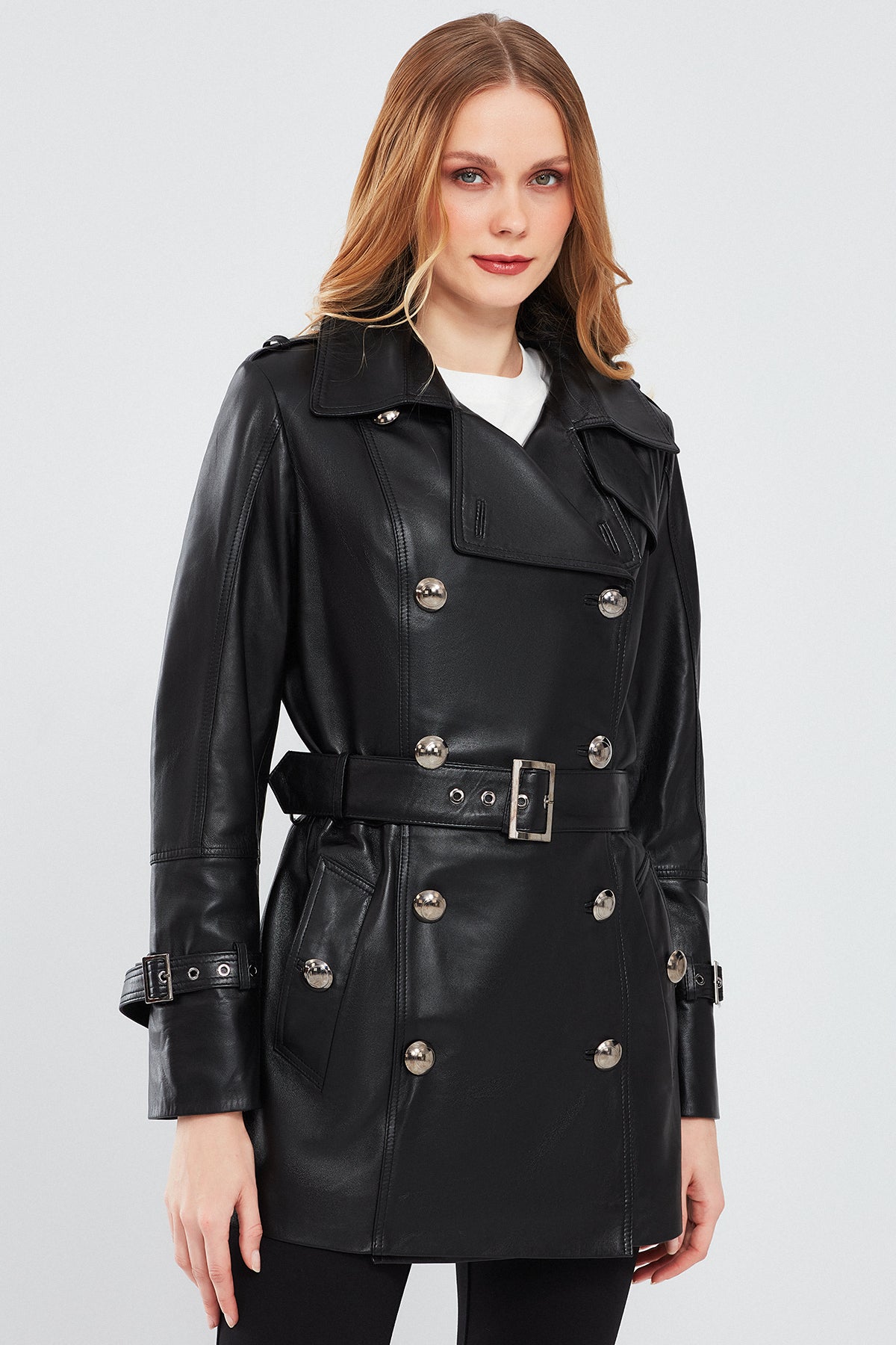 Barbara Women's Black Double Breasted Collar Leather Trench Coat 24SGD5183U4 | Derimod