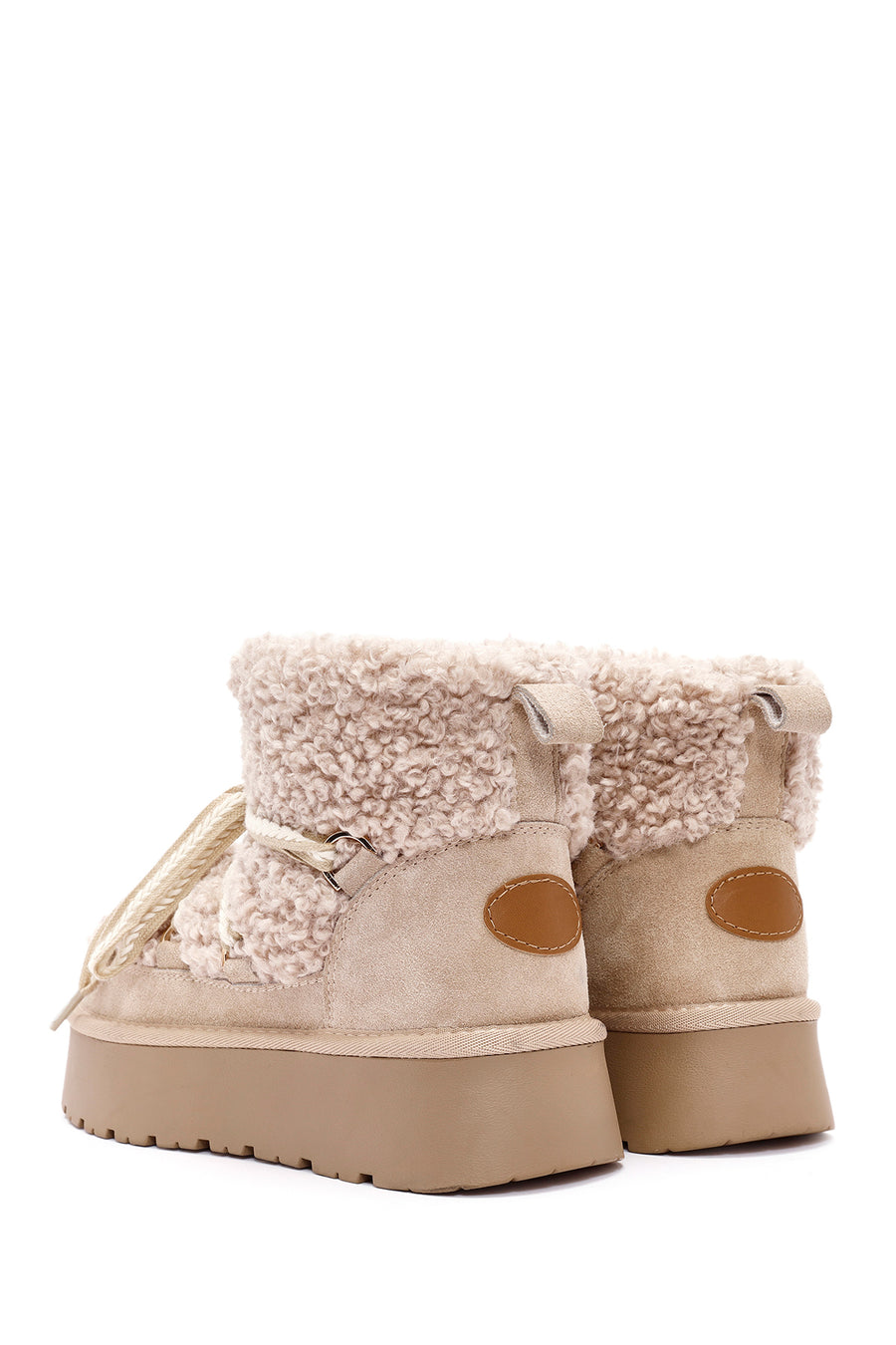 Women's Beige Thick-Soled Fur-Lined Leather Boots