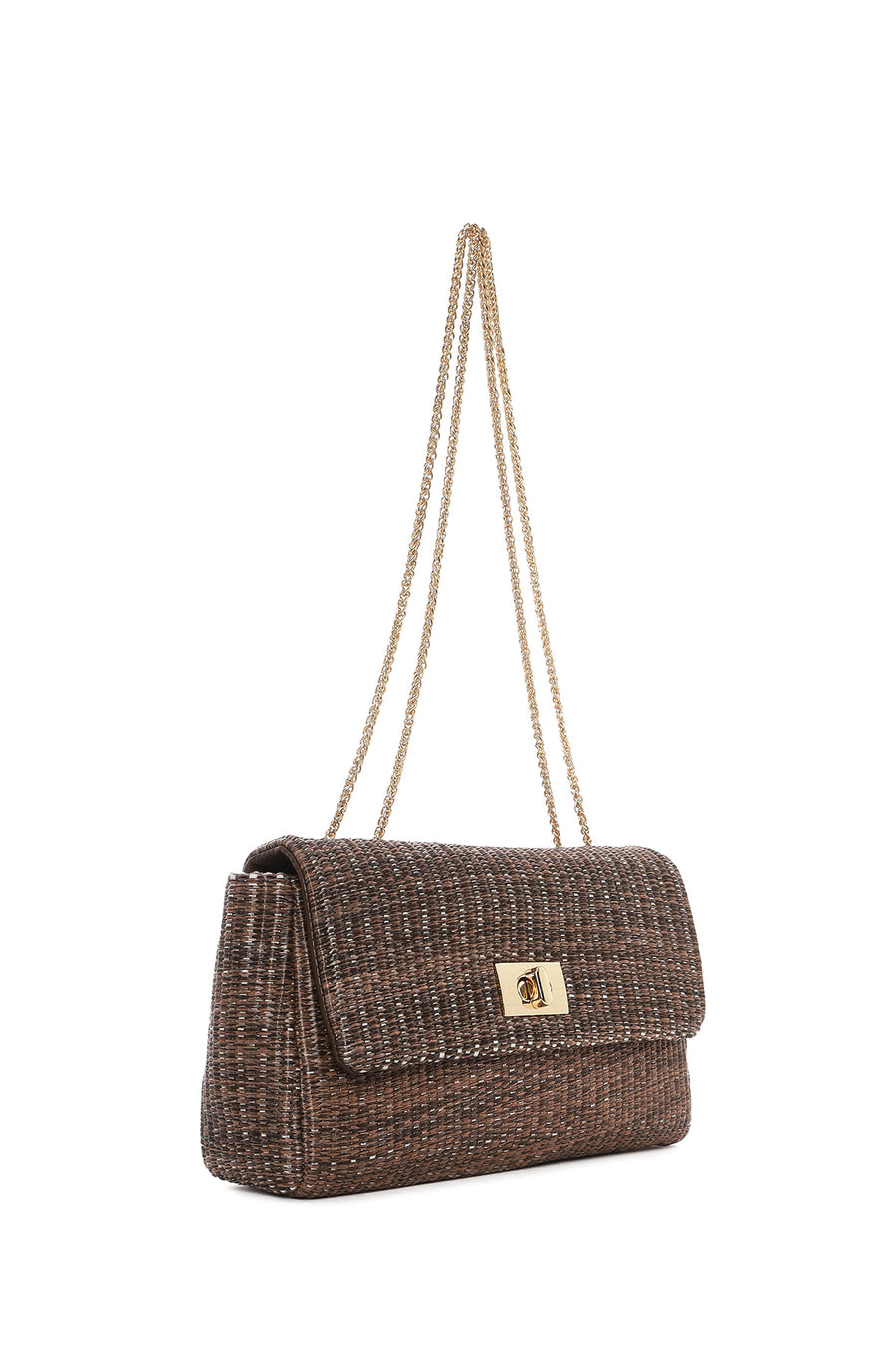 Women's Brown Long Chain Strap Straw Shoulder Bag