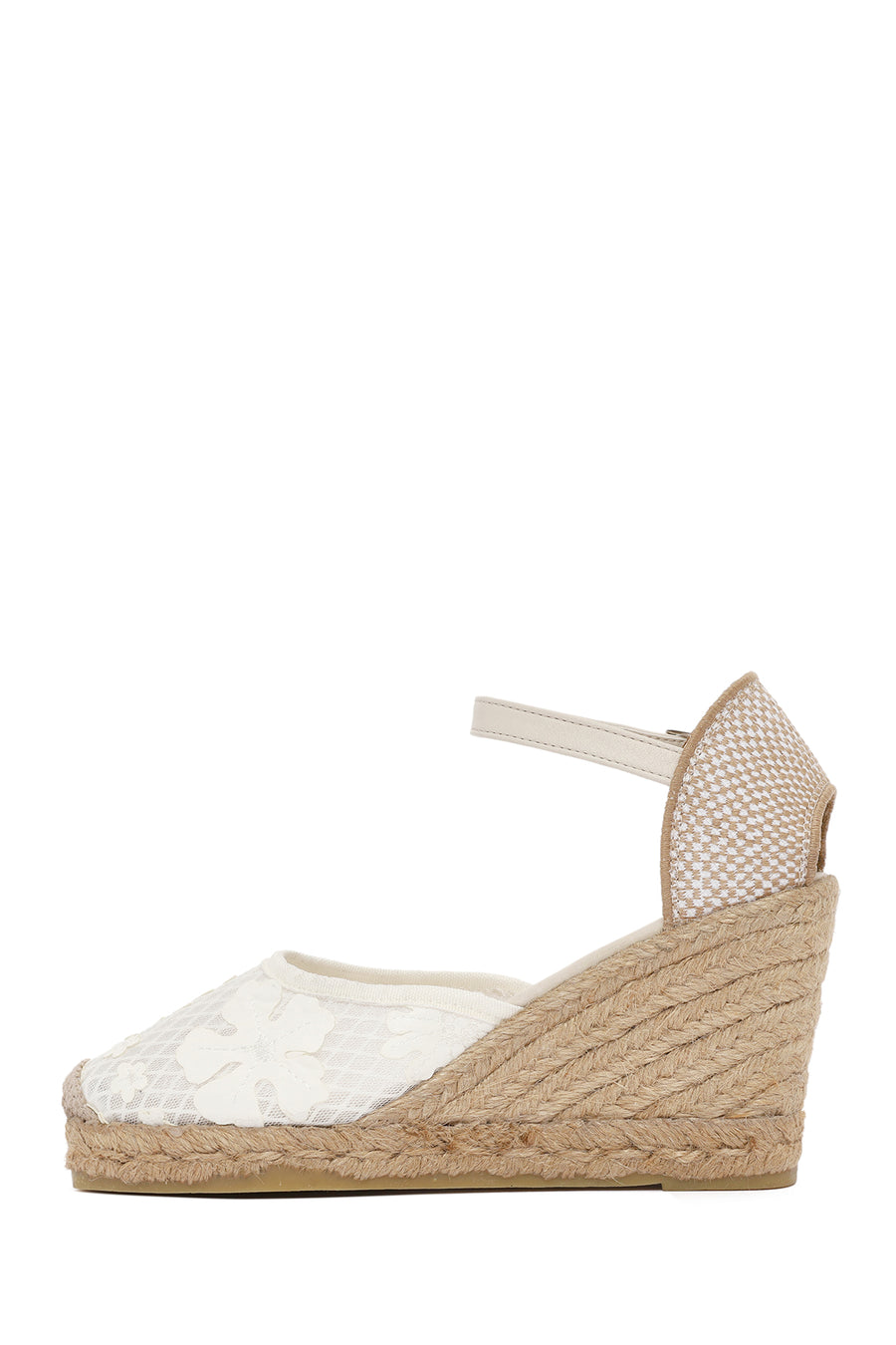 Women's Cream Ankle Strap Patterned Wedge Heel Espadrilles