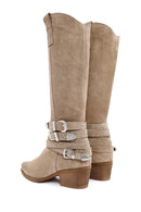 Women's Beige Thick Heel Buckle Detailed Suede Leather Cowboy Boots | Derimod