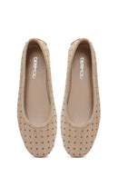 Women's Beige Patterned Suede Leather Ballet Flats | Derimod