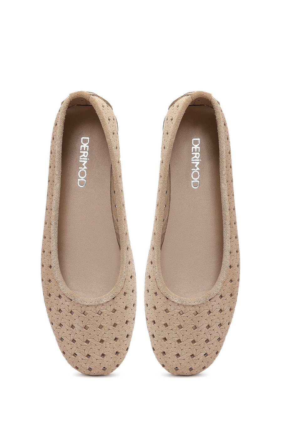 Women's Beige Patterned Suede Leather Ballet Flats