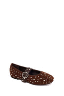 Woman Brown Strappy Studded Suede Leather Ballet Flat | Derimod