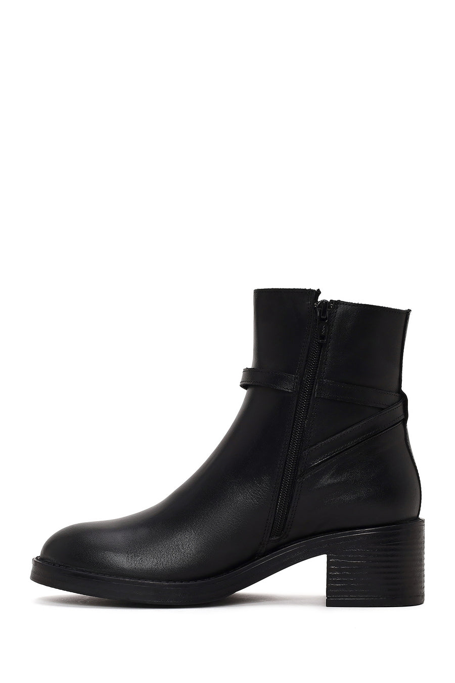 Woman Black Zip Closure Thick-Heeled Leather Boots