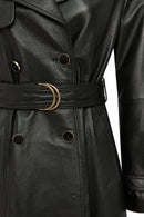 Jenny Women's Black Fur Belt Detailed Leather Trench Coat | Derimod