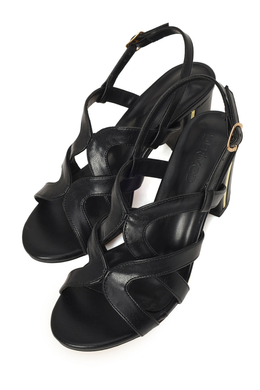 Woman Black Ankle Buckle Chunky Heeled Sandals