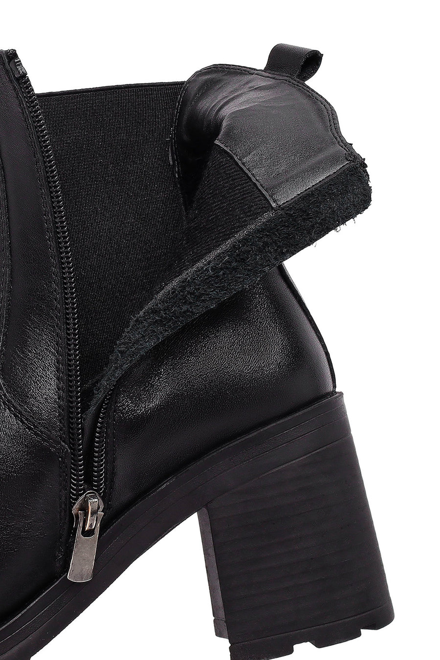 Woman Black Zip Closure Thick-Heeled Leather Boots