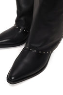 Woman Black Studded Chunky-Heeled Leather Cowboy Boots | Derimod