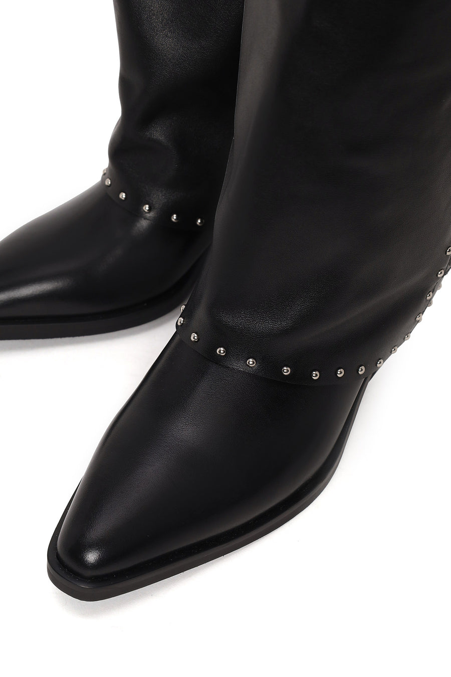Woman Black Studded Chunky-Heeled Leather Cowboy Boots