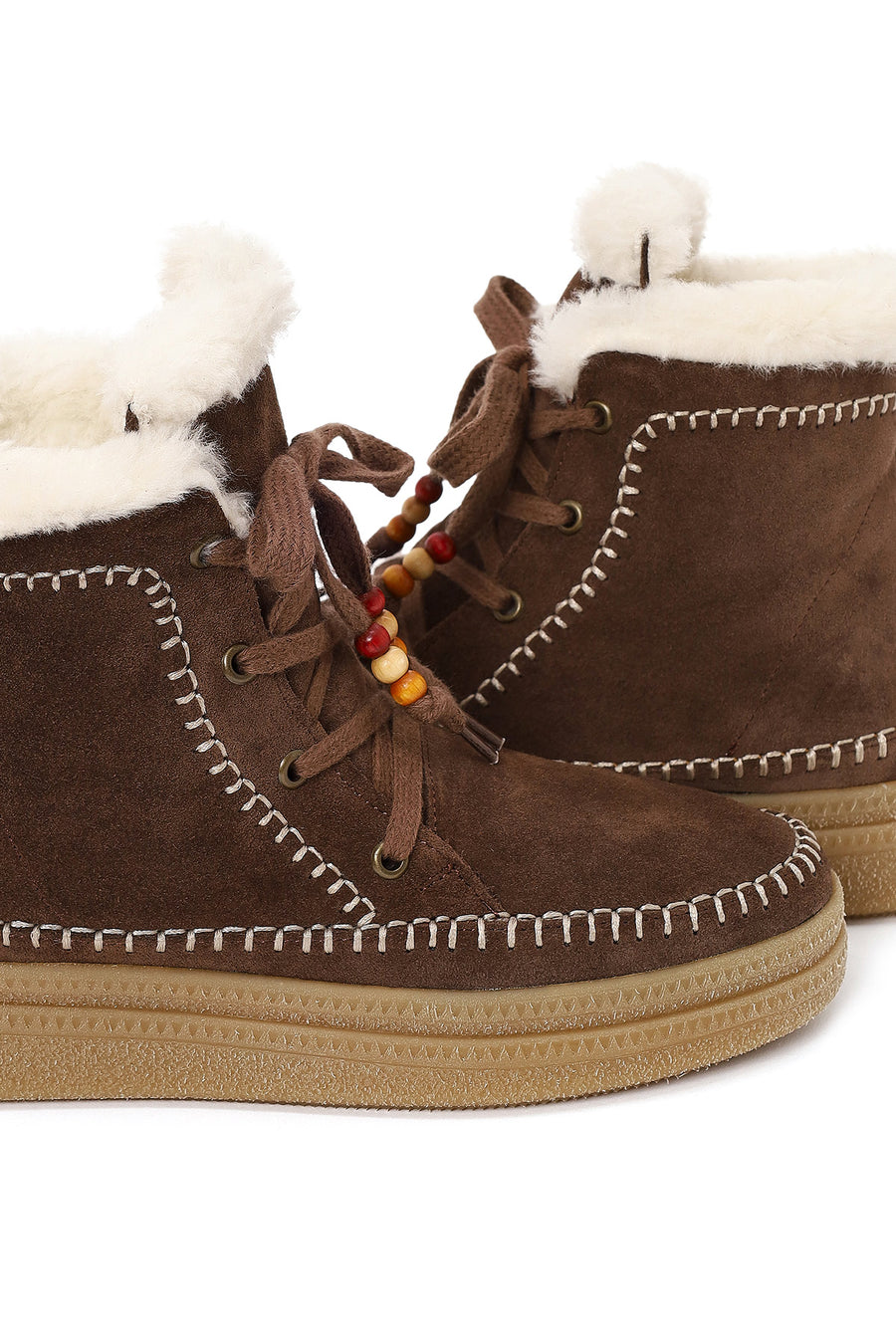Woman Dark Mink Lace-Up Thick-Soled Suede Teddy Boots
