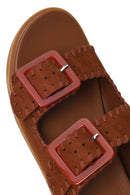 Woman Brown Double-Buckle Suede Slippers | Derimod
