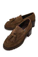 Woman Walnut Tassel Chunky Heeled Suede Loafer | Derimod