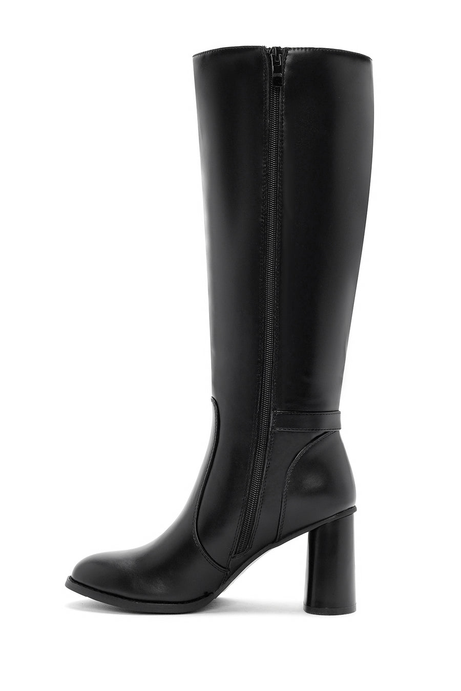 Women's Black Zippered Chunky High Heel Boots