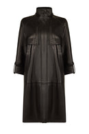 Adele Woman Black A-Line Hooded Fur Collar Leather Overcoat | Derimod