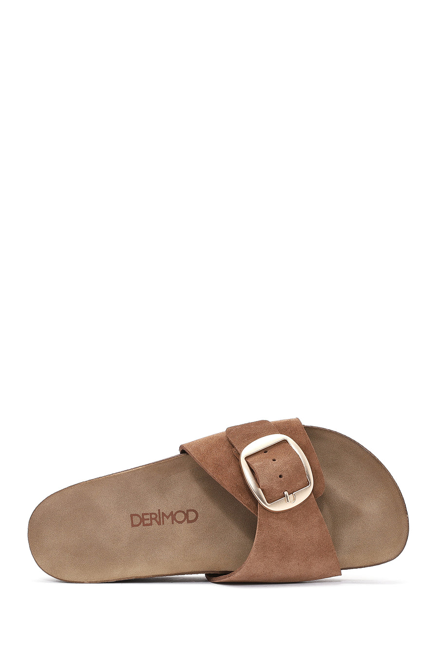Women's Brown Buckle Suede Leather Slippers