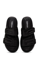 Women's Black Double-Striped Leather Comfort Slippers | Derimod