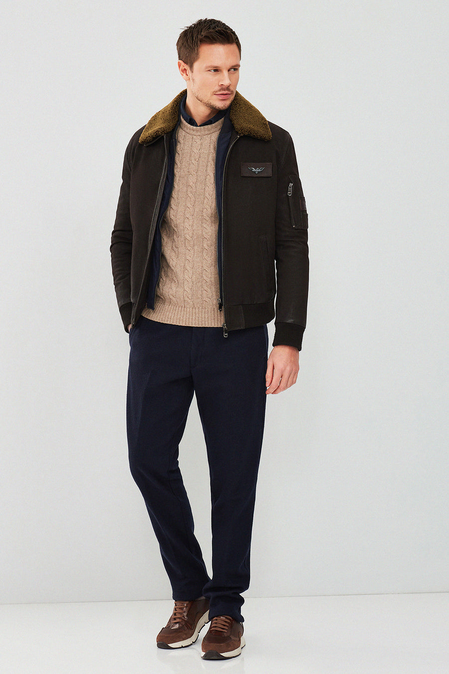 Falcon Men's Brown Embroidered Collar Fur Leather Pilot Jacket