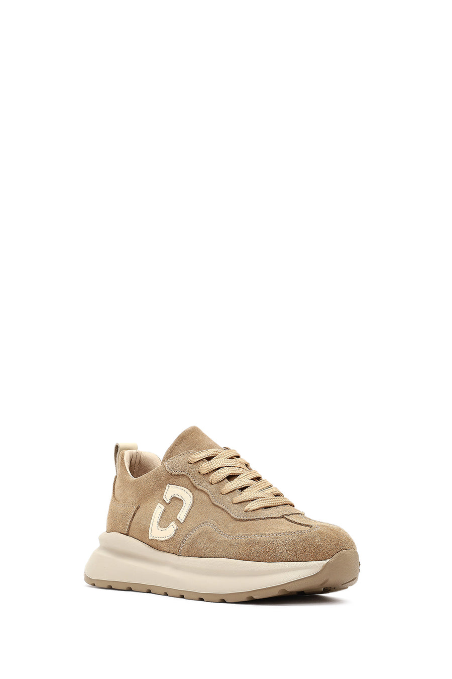 Kadın Bej Bağcıklı Kalın Tabanlı Süet Deri Sneaker