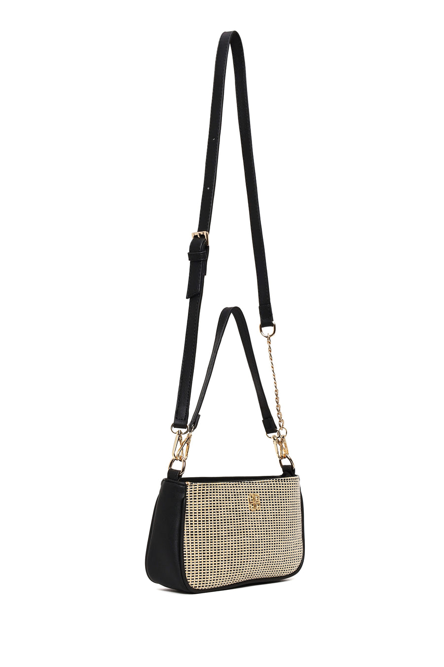 Women's Black Long Strap Straw Shoulder Bag